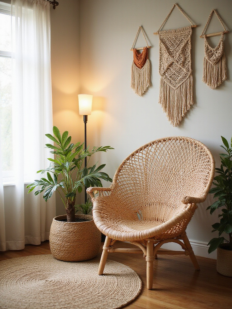 Boho bedroom with a statement peacock chair near a window.