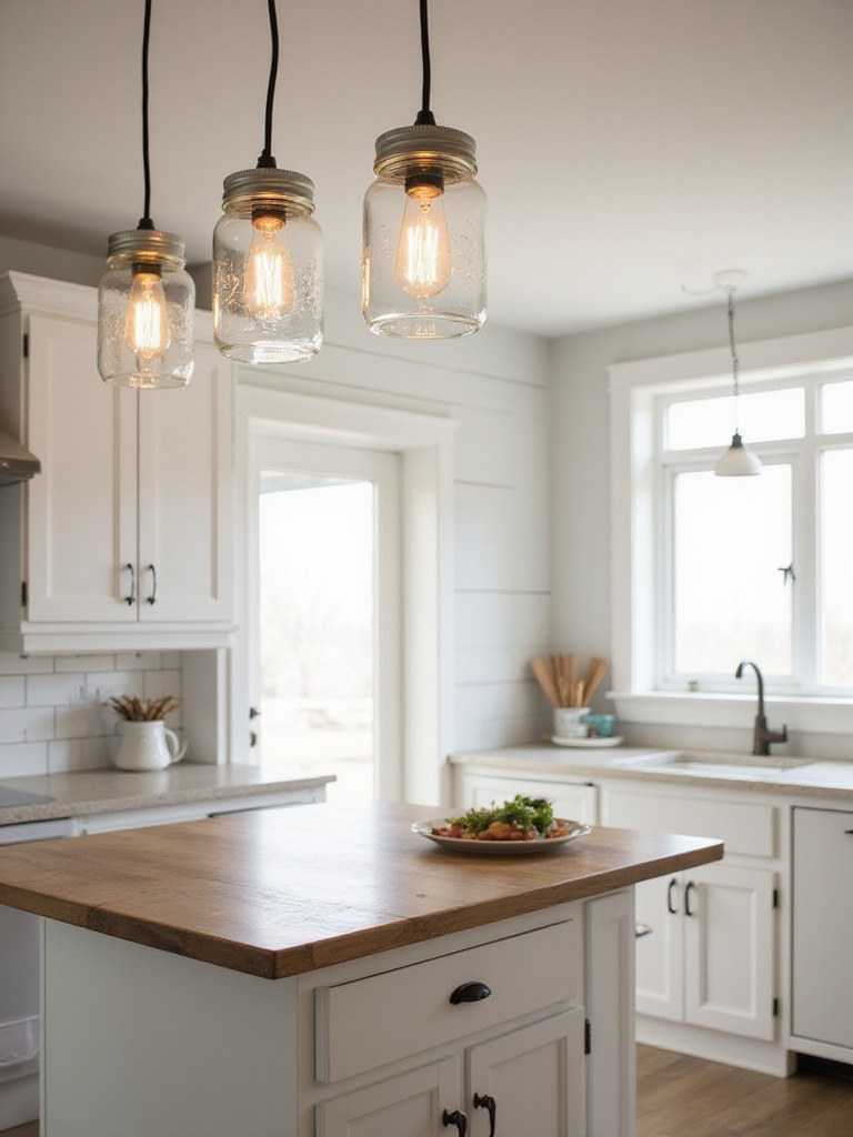 Farmhouse kitchen with mason jar pendant lighting above island