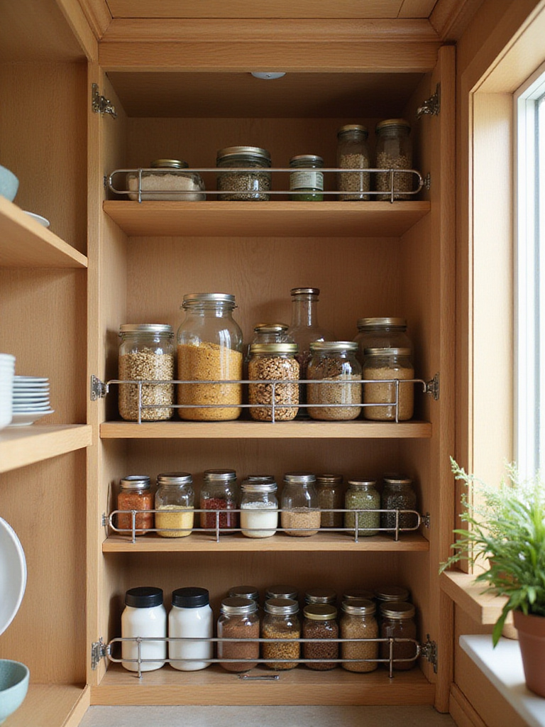 Organized kitchen cabinet with metal shelf risers maximizing vertical space.