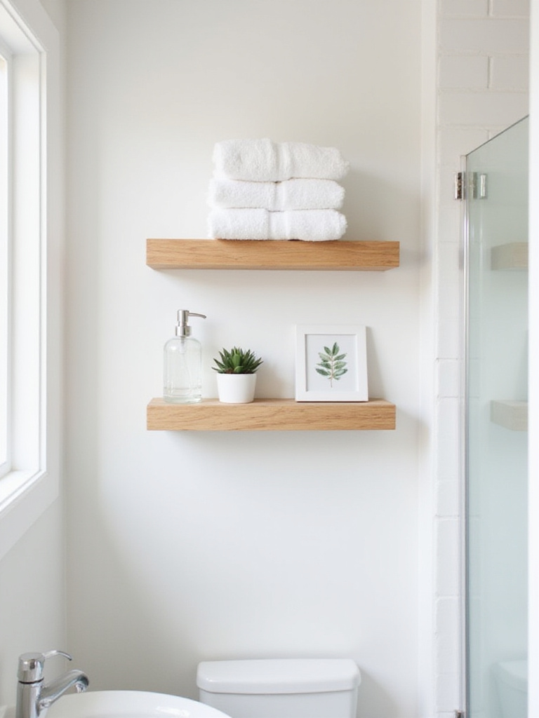 Bathroom wall with wooden floating shelves displaying towels, soap, and plant.