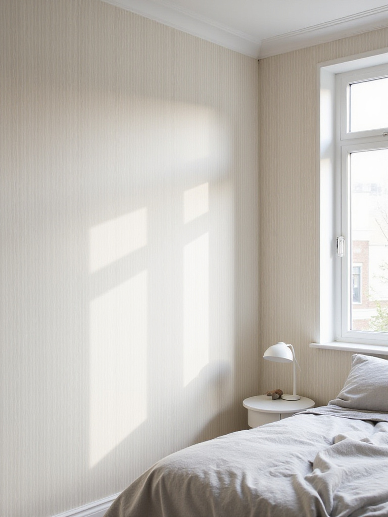 Small bedroom with vertical striped wallpaper creating a sense of height and space