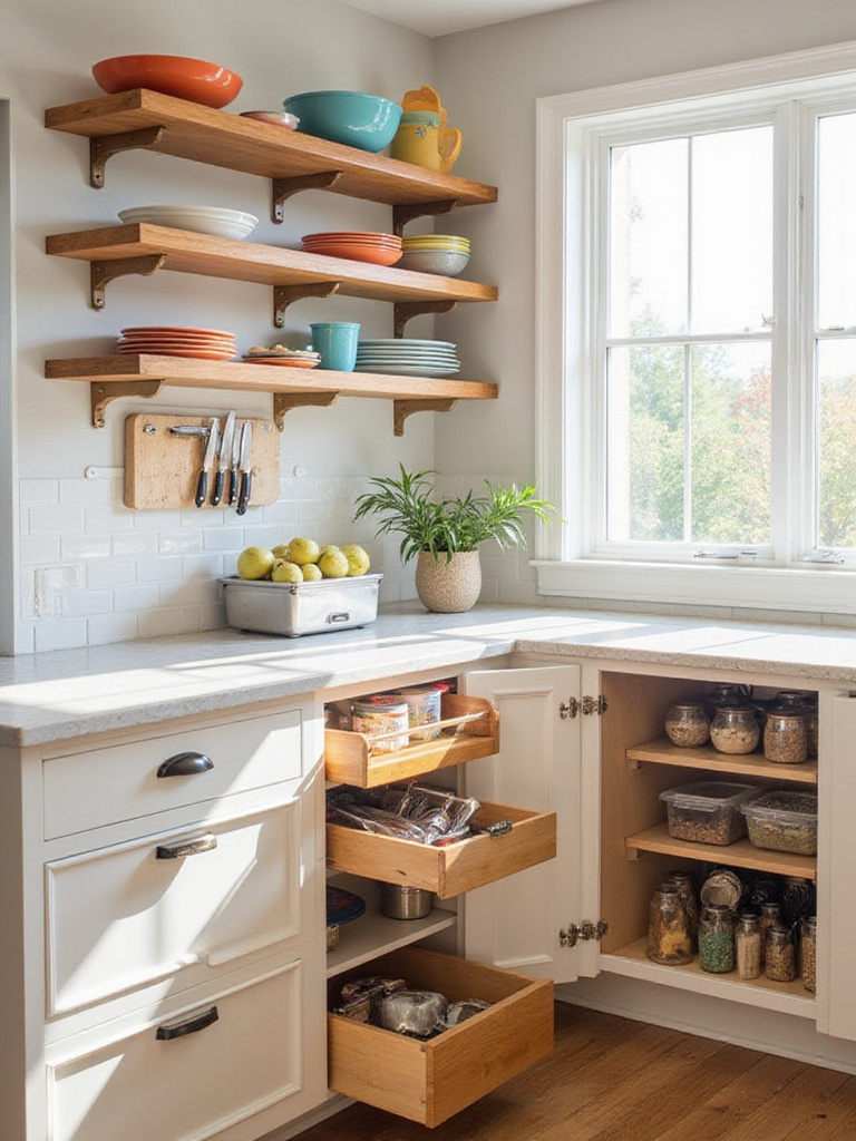Bright kitchen showcasing smart storage solutions: open shelving, magnetic knife strip, clear pantry containers, and drawer dividers.