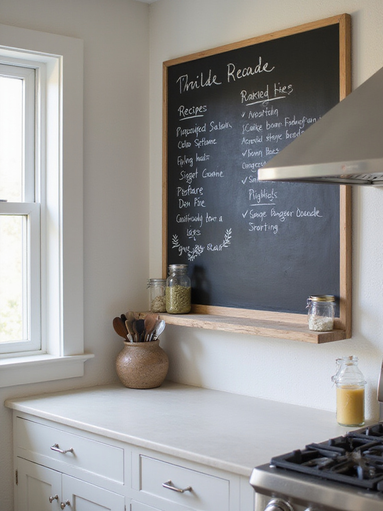 Modern farmhouse kitchen with chalkboard wall featuring recipes and grocery lists.