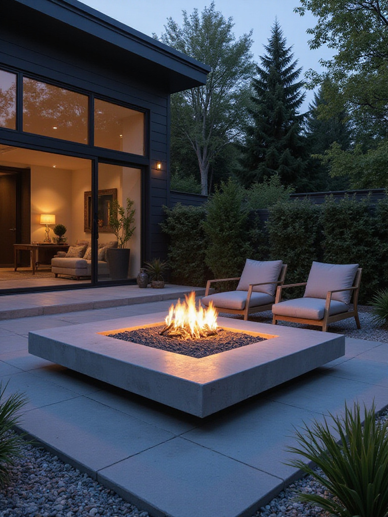 Sleek square concrete fire pit on a modern grey stone patio in a contemporary backyard, illuminated by soft firelight at twilight, surrounded by minimalist landscaping and modern furniture.