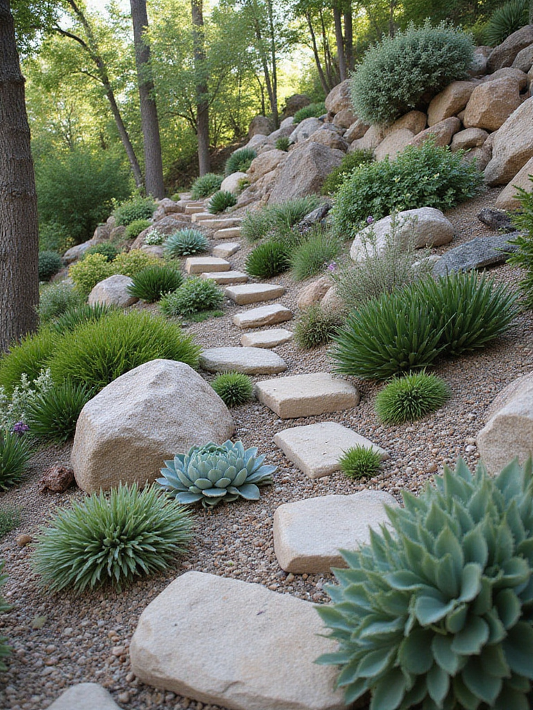 Low-maintenance rock garden featuring drought-tolerant plants and natural stone pathway.