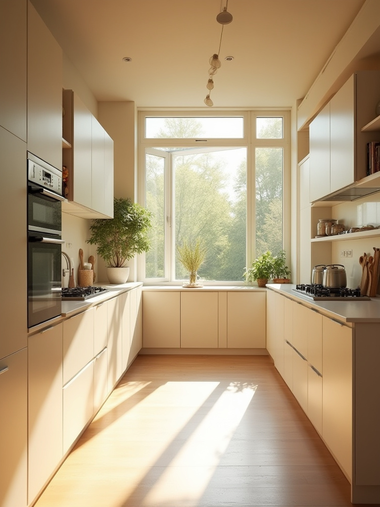 A bright, modern kitchen flooded with natural light from large windows, featuring light cabinetry and reflective surfaces.