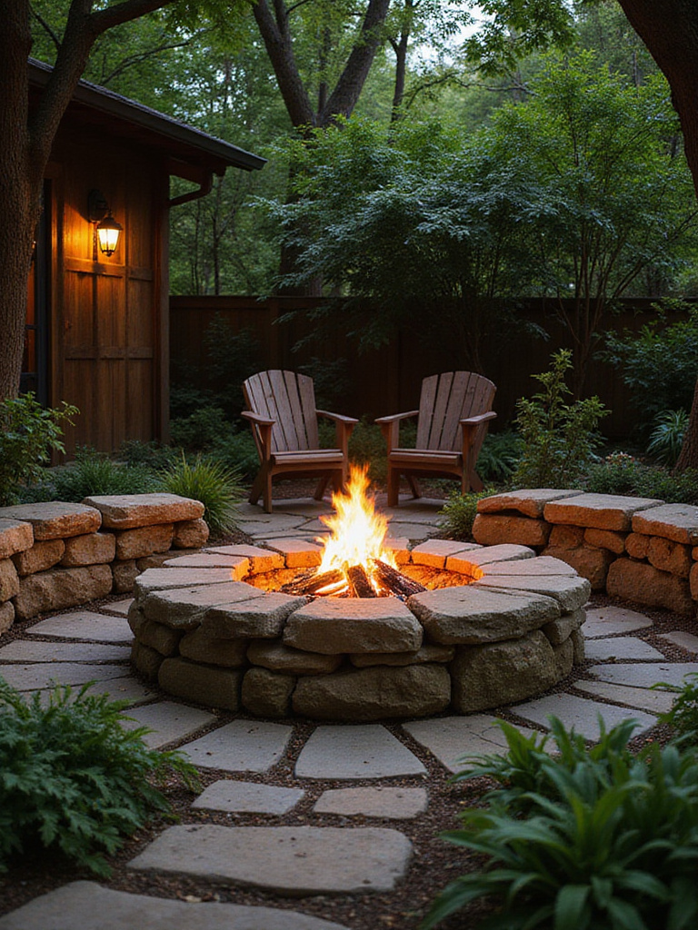 Rustic natural stone fire pit in a backyard oasis with stone benches and lush, earthy landscaping.