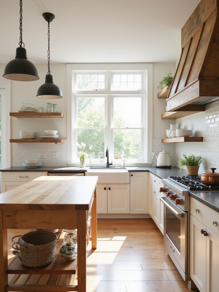 Modern farmhouse kitchen with natural wood island, open shelving, and range hood.