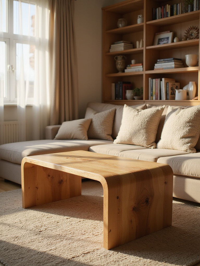 Cozy living room with natural wood coffee table and shelving unit.