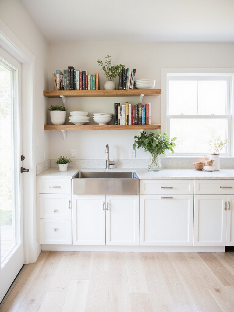 Modern kitchen with open shelving displaying cookbooks, dishes, and plants.