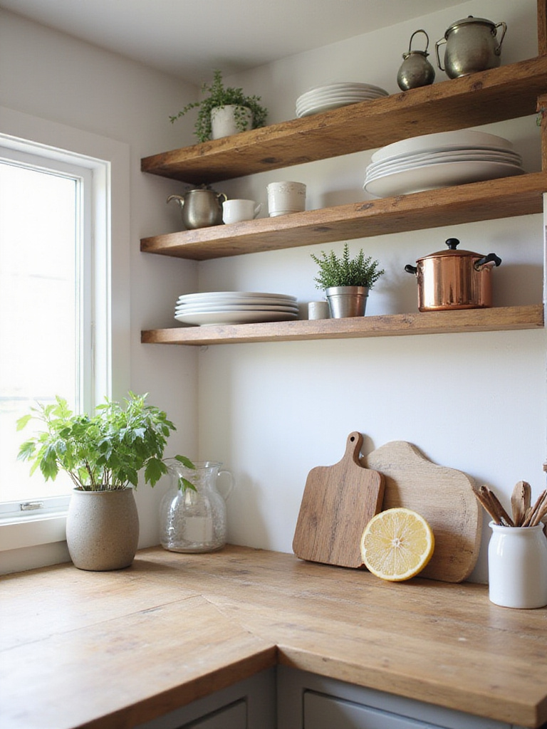 Kitchen with open shelving displaying dishes, cookware, and herbs.