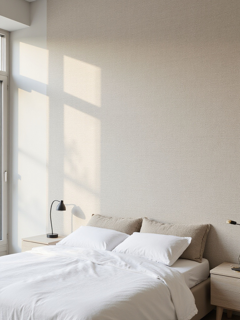 Beige linen textured wallpaper creating depth and luxury in a modern bedroom.