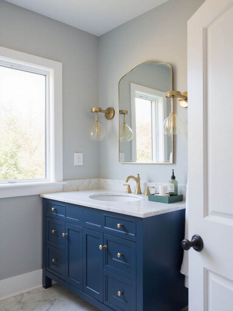 Navy blue bathroom vanity with white marble countertop and brass hardware.