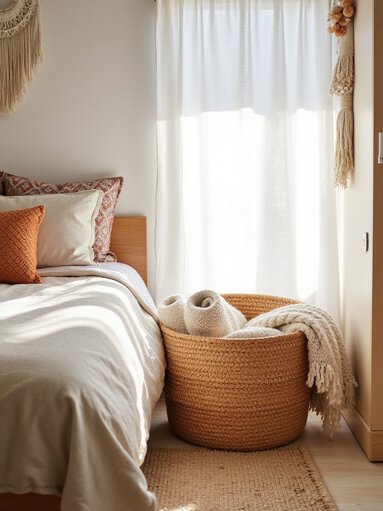 Boho bedroom corner featuring a large wicker basket filled with blankets and towels for stylish storage.