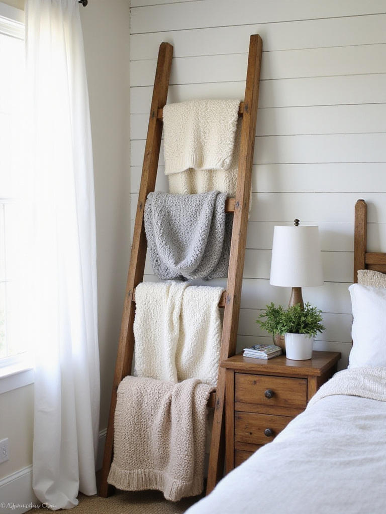 Farmhouse bedroom with decorative wooden blanket ladder holding folded blankets