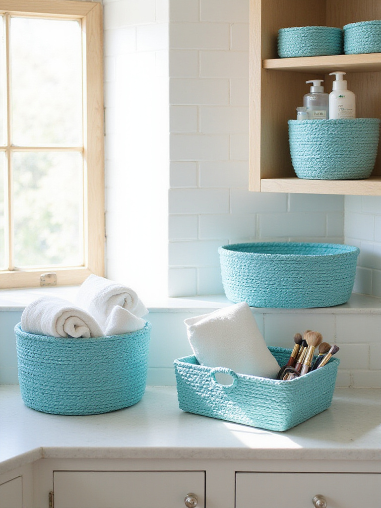 Blue seagrass baskets organizing towels and toiletries in a bright coastal bathroom.