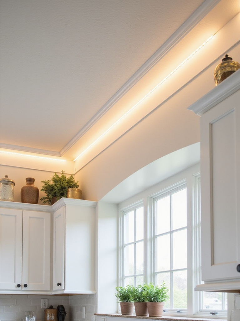 Farmhouse kitchen with over-cabinet lighting creating a warm and inviting ambiance.
