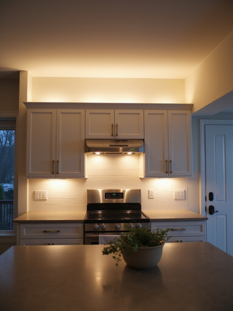 Modern kitchen with warm, indirect lighting from above the cabinets casting a soft glow on the ceiling.