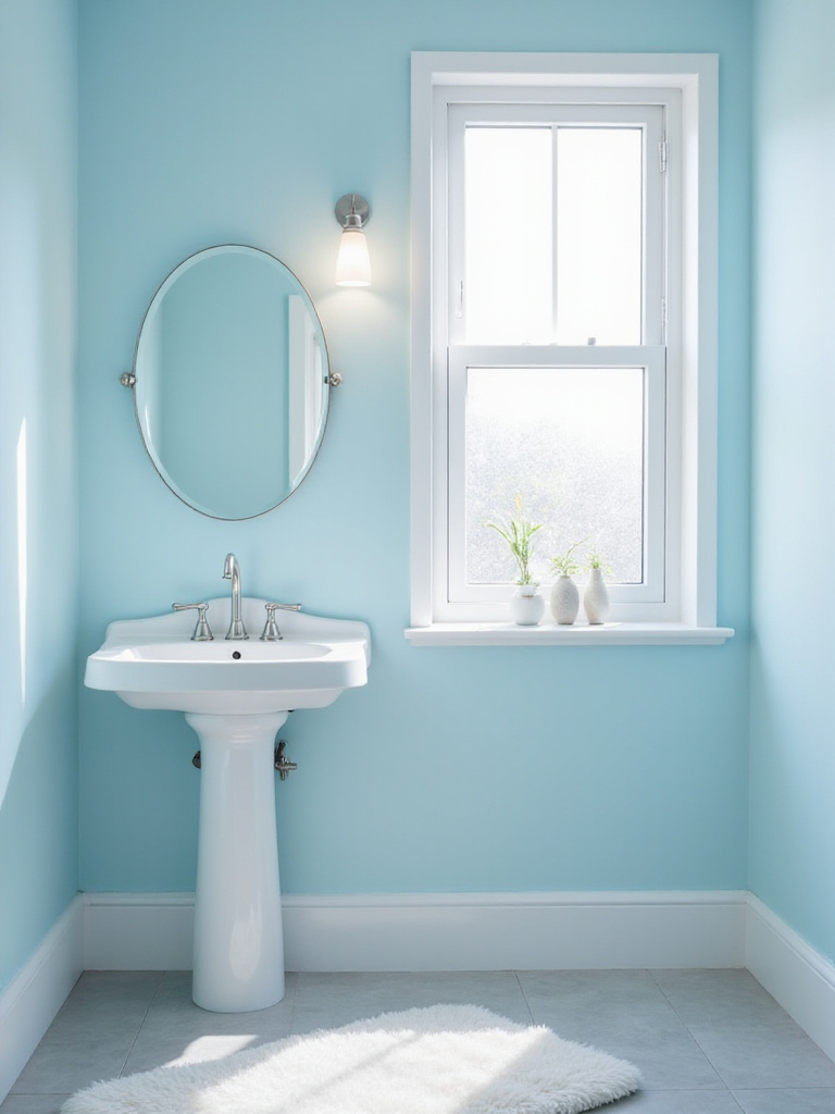 Sky blue bathroom walls create a calming and serene atmosphere