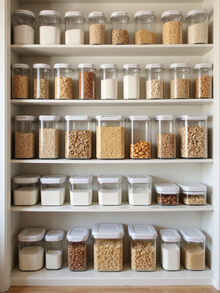 Organized pantry with matching clear food storage containers