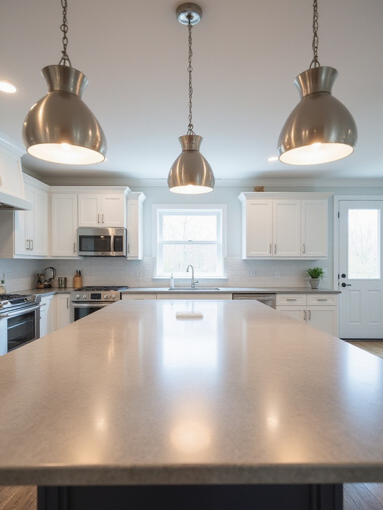 Modern kitchen island illuminated by three brushed nickel pendant lights, showcasing task and ambient lighting.