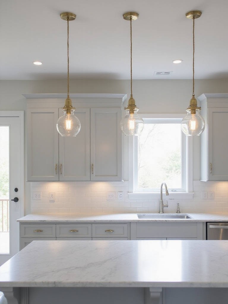 Kitchen island with stylish glass pendant lights providing illumination.
