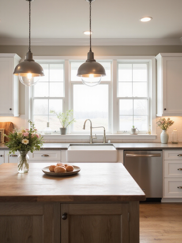 Farmhouse kitchen with brushed nickel pendant lights over a wooden island