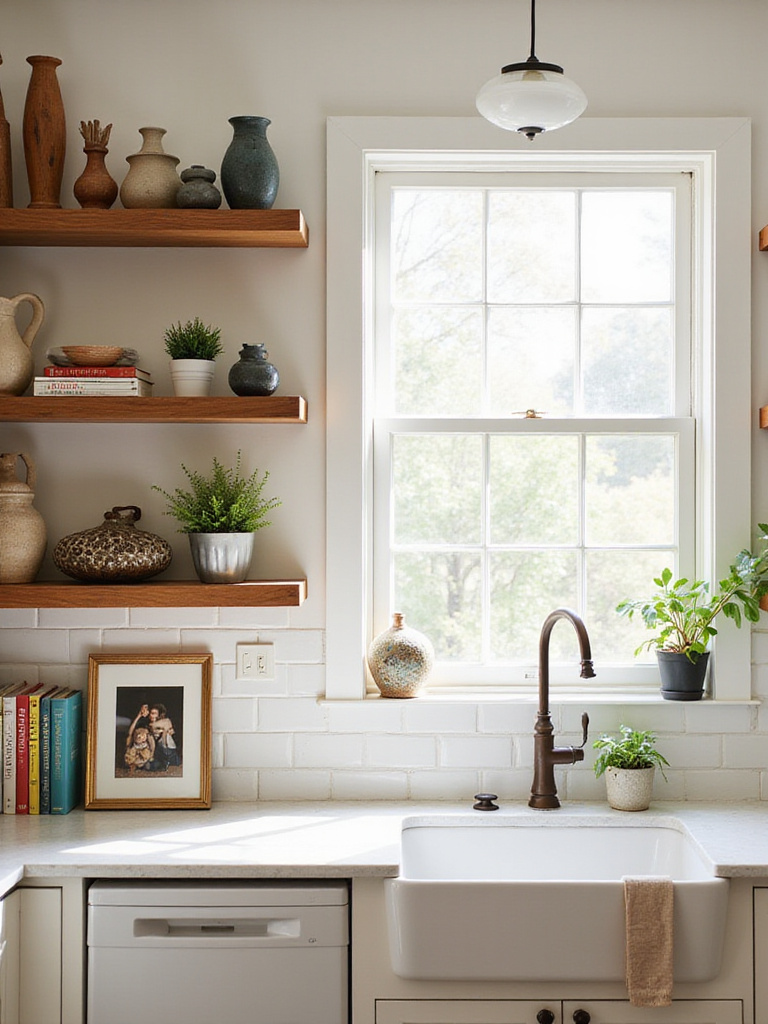 Farmhouse kitchen with open shelving displaying travel souvenirs and family photos, creating a personalized and inviting space.