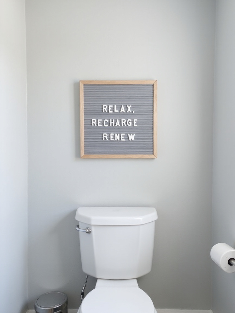 Bathroom wall decorated with a felt letter board displaying an inspirational quote
