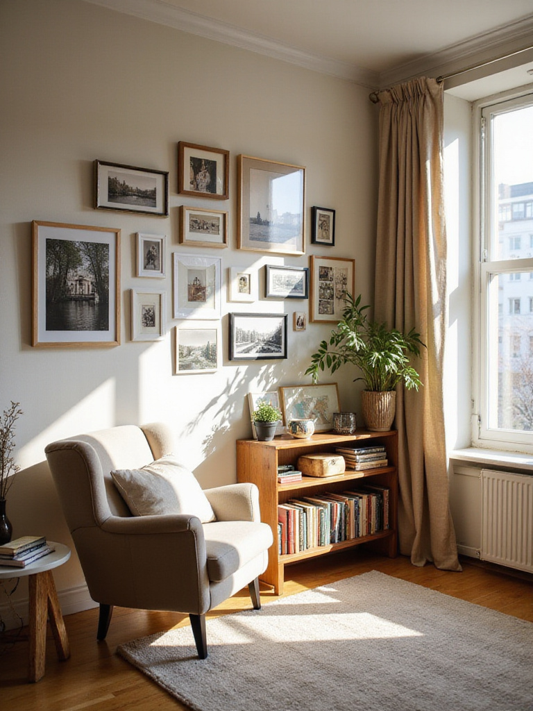 Cozy apartment living room with personalized decor, including a gallery wall and bookshelf filled with meaningful objects.