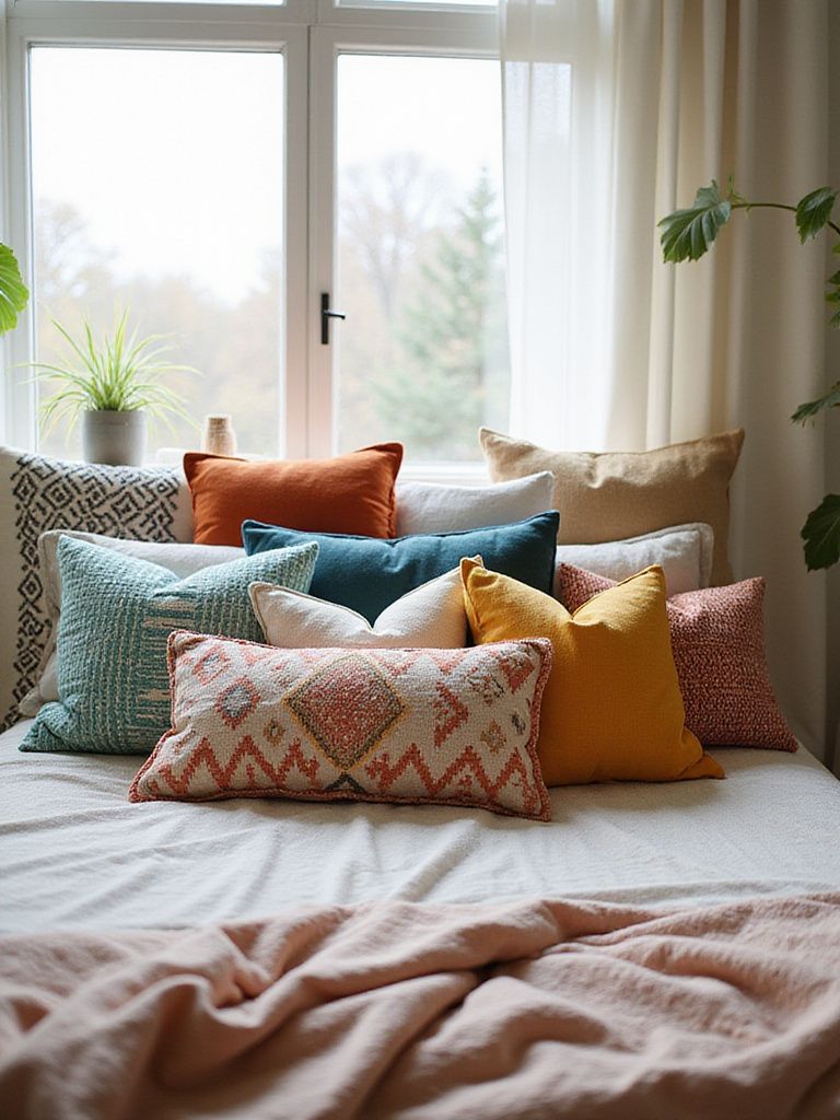 Boho bedroom with eclectic throw pillows in various patterns and textures on the bed.