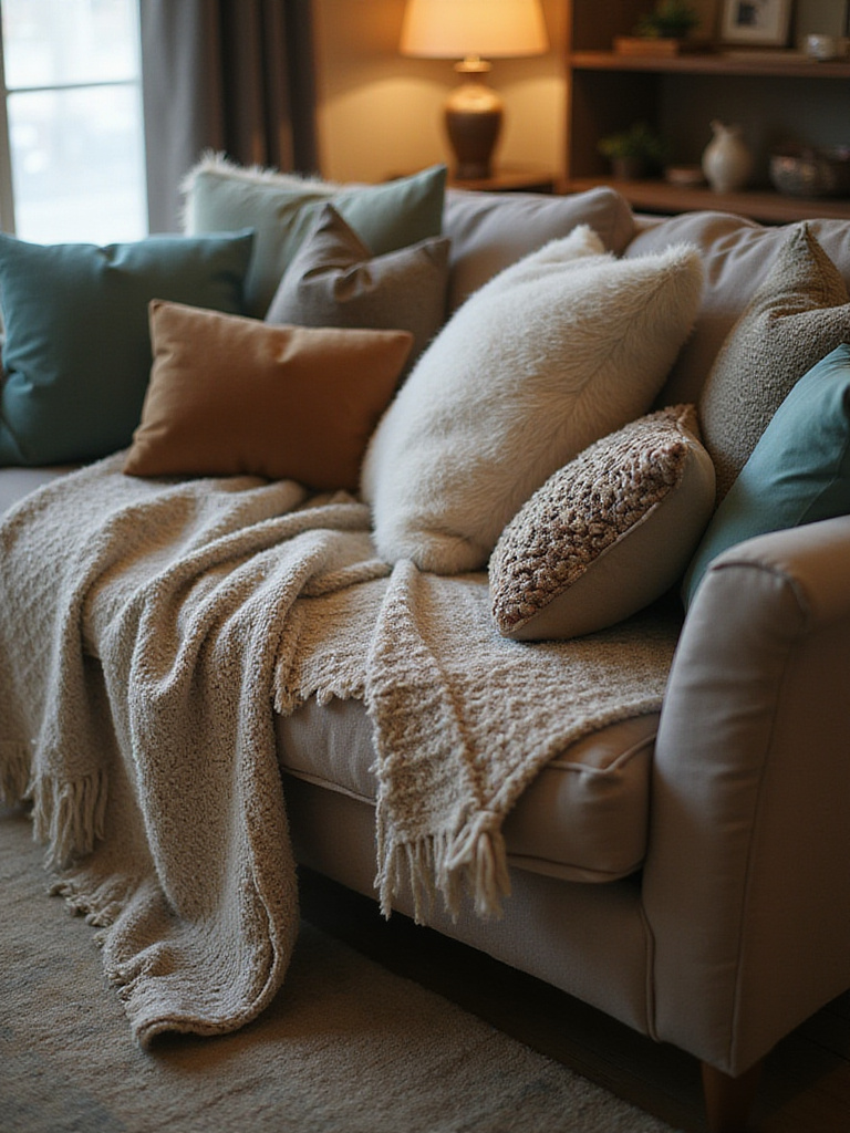 Cozy living room sofa with a pile of plush cushions in various textures and colors.