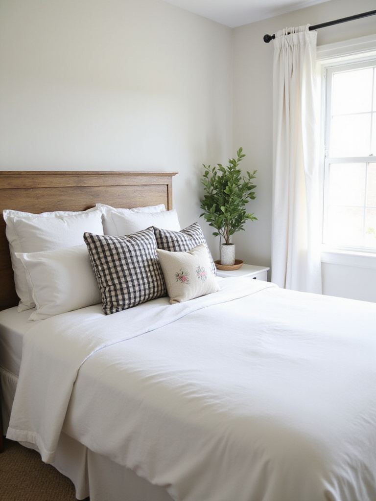 Farmhouse bedroom with white linen bedding and farmhouse-patterned throw cushions including gingham, ticking stripes, and floral prints.