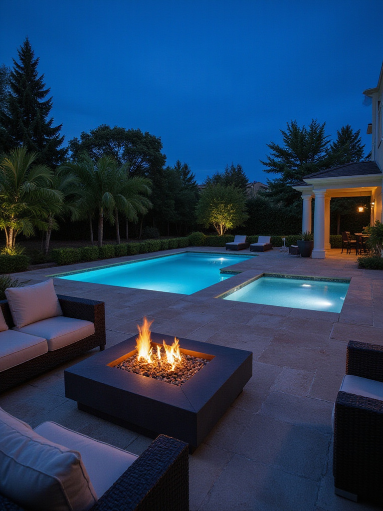 Luxurious backyard swimming pool area at dusk with a lit modern fire pit on the adjacent patio, creating a cozy evening ambiance.