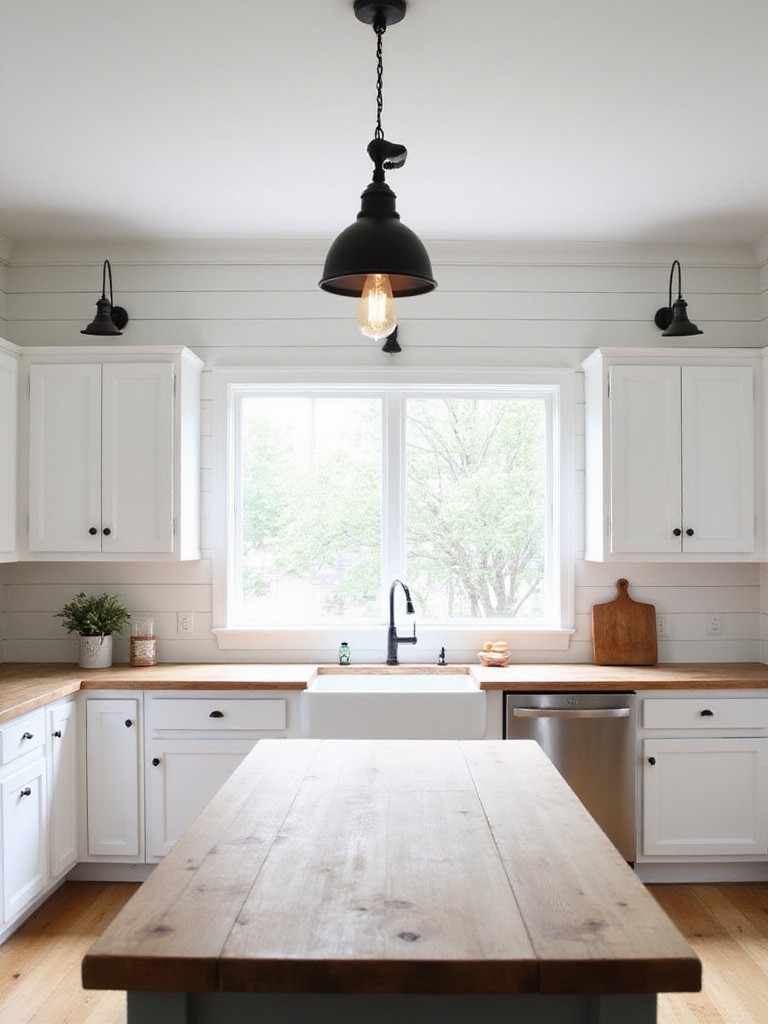 Farmhouse kitchen with pulley system light above island