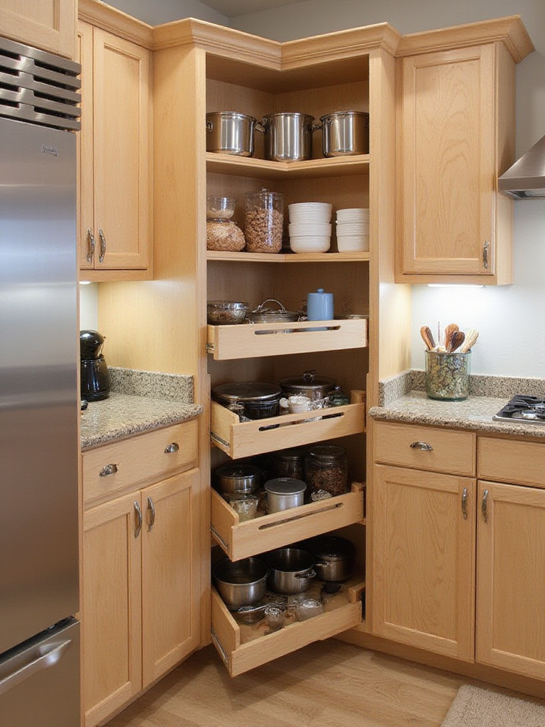 Corner cabinet with pull-out shelves for easy access