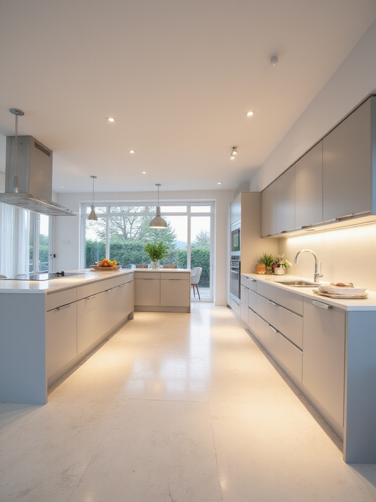 Modern kitchen with seamless recessed ceiling lights providing both ambient and task illumination over countertops and island.
