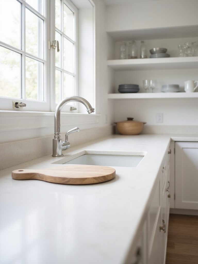 Clean kitchen countertops with a single wooden cutting board