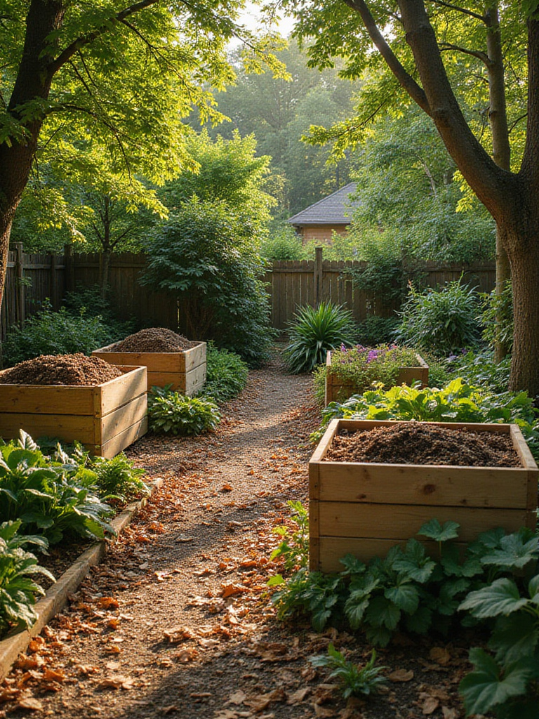 Backyard composting area with wooden bins and lush garden