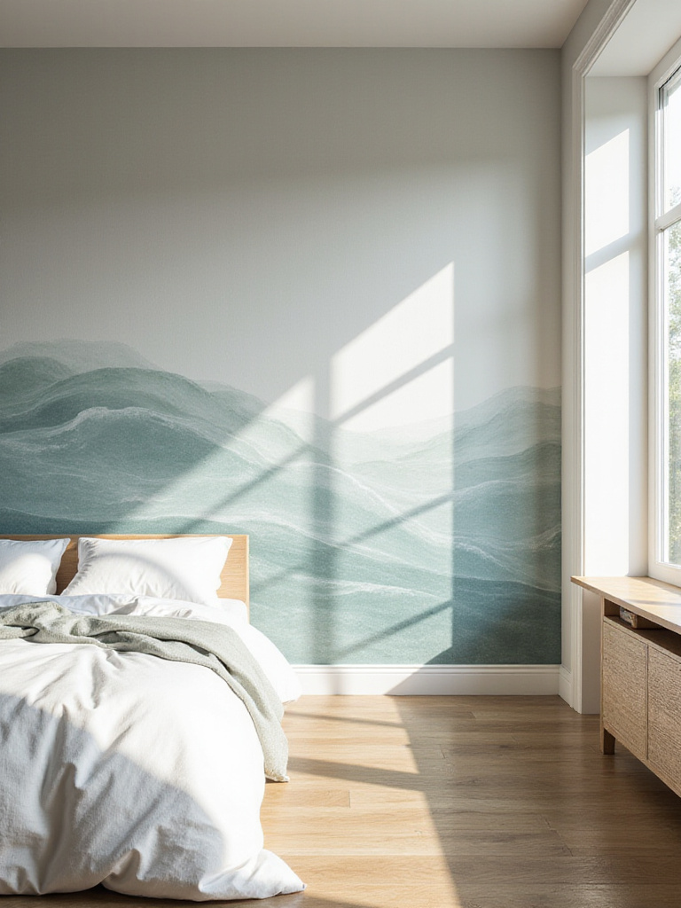 Modern bedroom featuring custom wallpaper with an abstract ocean wave design.