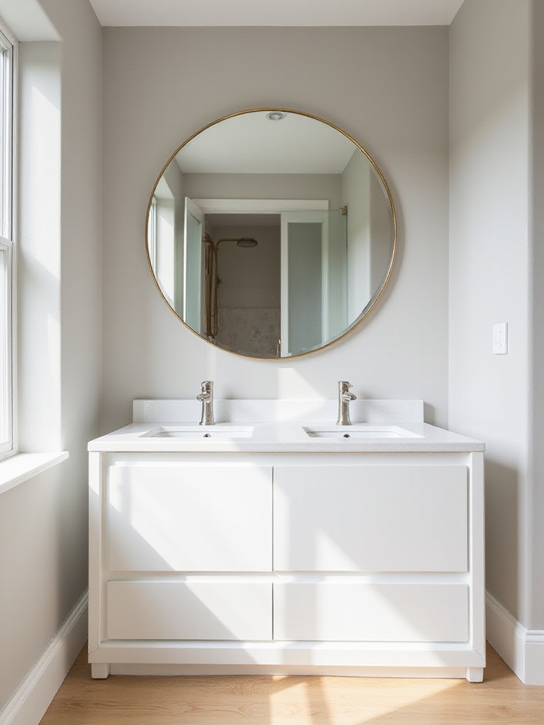 Modern bathroom with large round mirror above double vanity