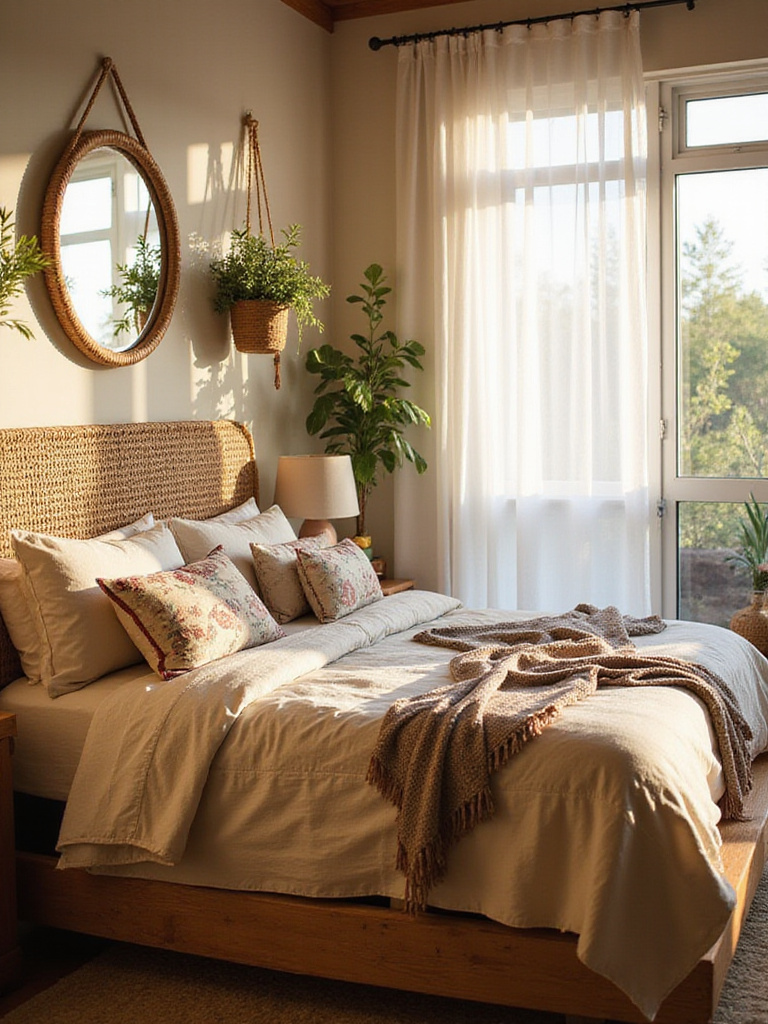 Boho bedroom with a large round mirror above a woven headboard