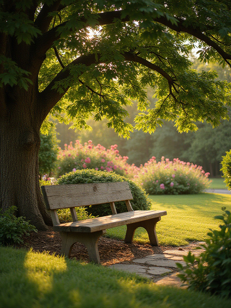 Serene backyard garden with wooden bench under a shady tree.