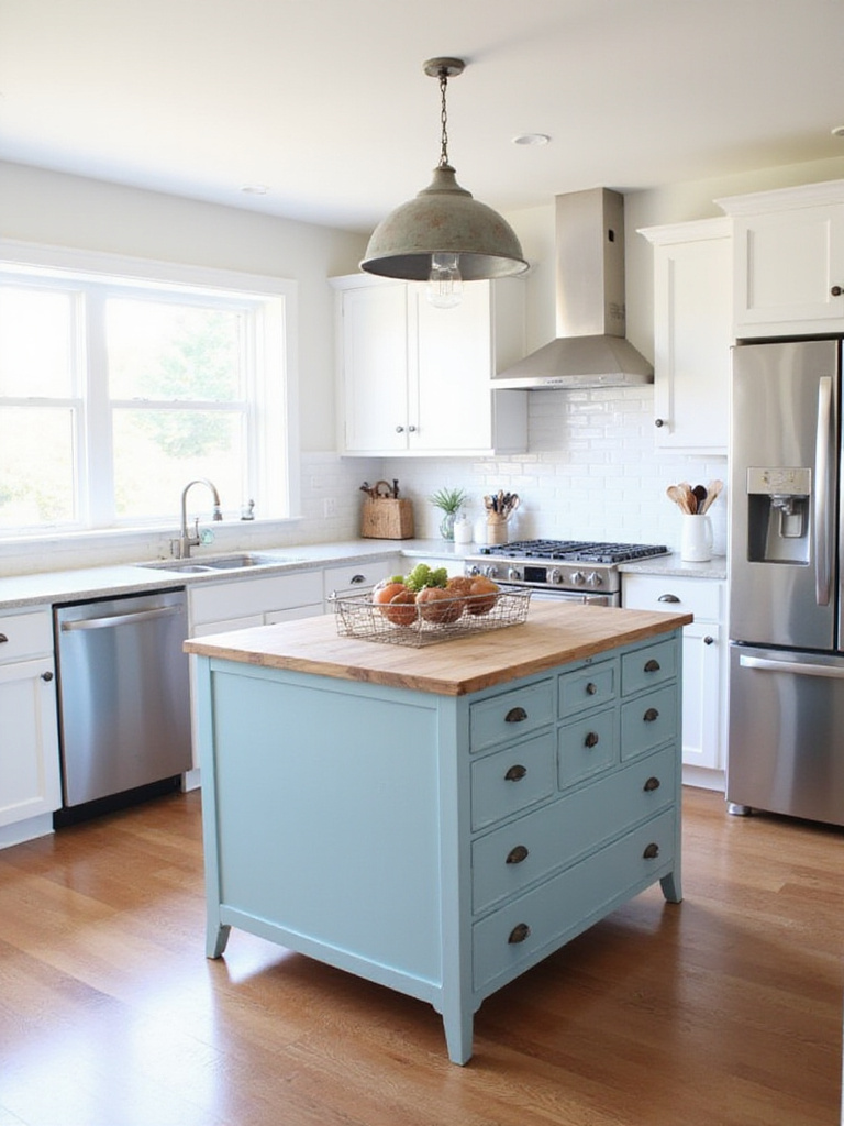 Kitchen featuring a repurposed blue dresser as a kitchen island with butcher block countertop.