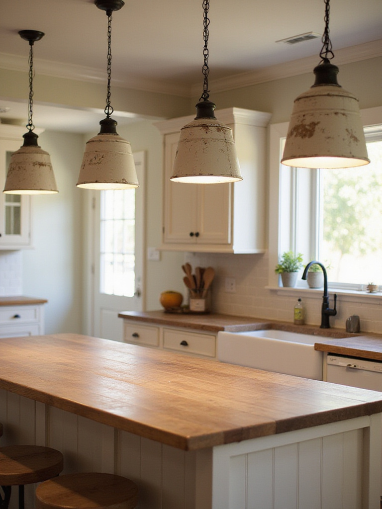 Farmhouse kitchen island with pendant lights made from repurposed vintage metal buckets.