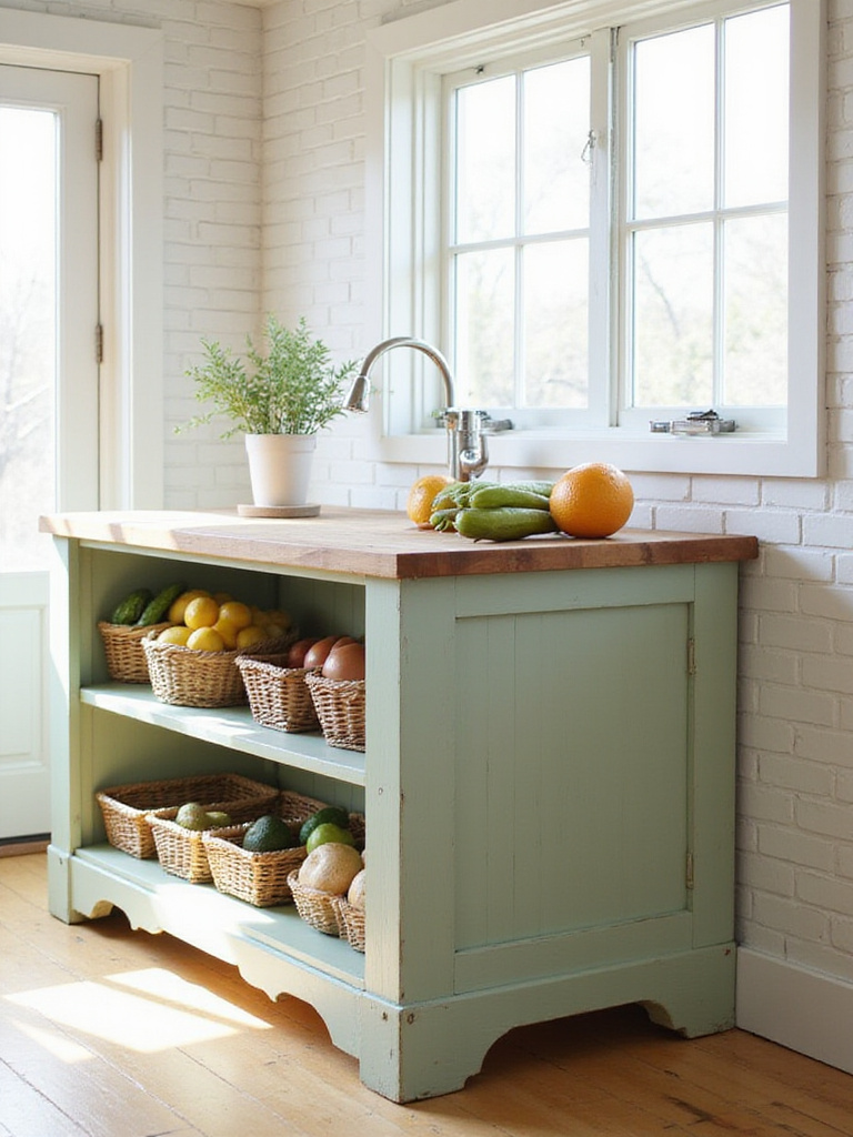 Vintage dresser repurposed as kitchen island with butcher block countertop.