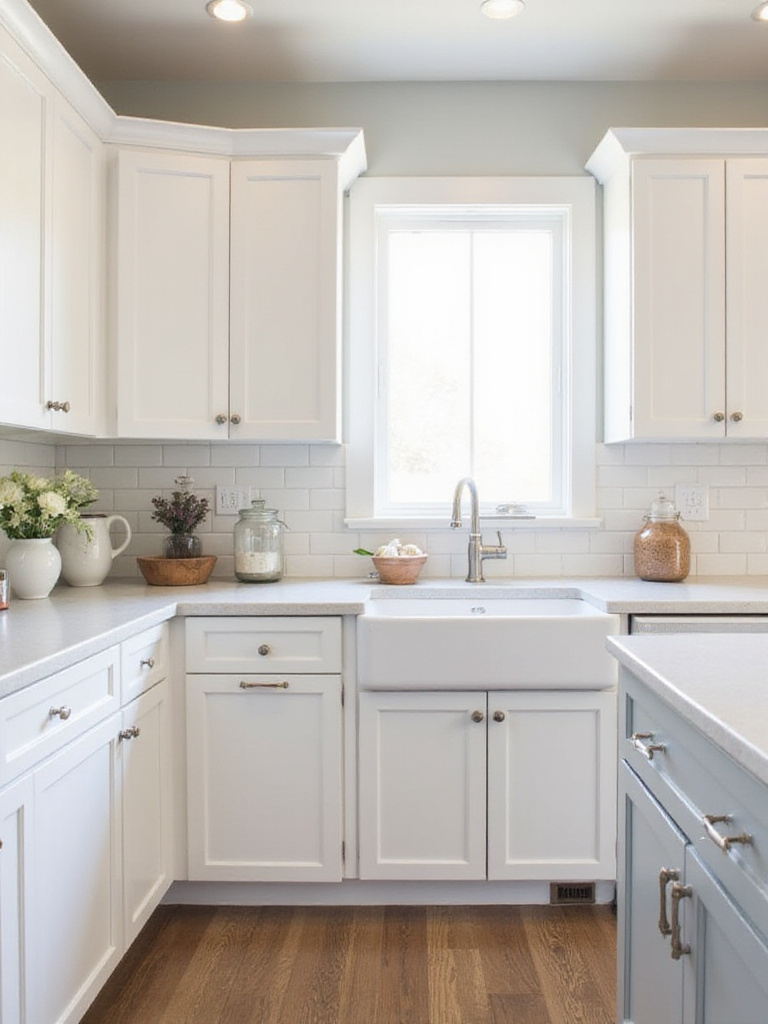 Kitchen with freshly painted cabinets in a light neutral color, showcasing an affordable kitchen remodel.