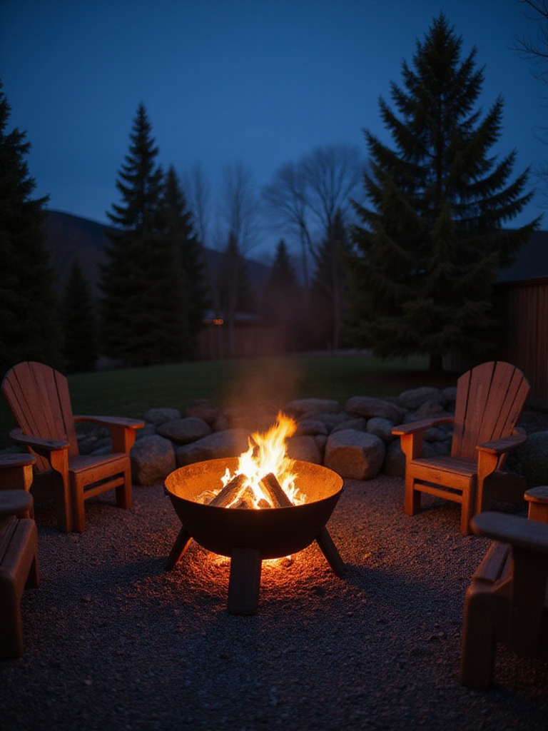Classic wood-burning fire pit with crackling flames in a backyard setting at dusk, surrounded by Adirondack chairs and gravel.
