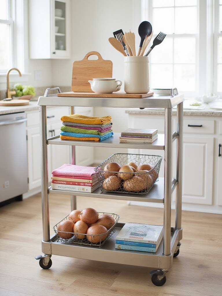 Mobile kitchen cart with organized cooking essentials in a modern kitchen