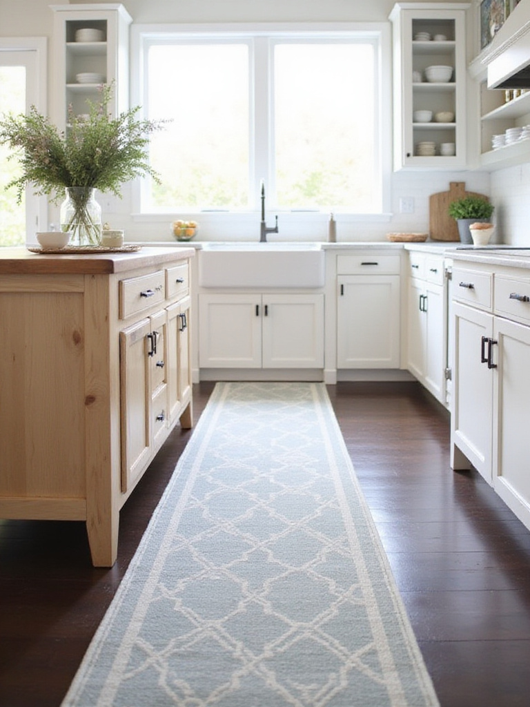 Modern farmhouse kitchen with a stylish runner rug adding warmth and texture.
